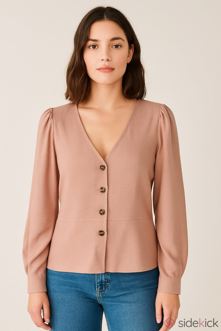 Le Chateau Long Sleeve Button Front Blouse V-Neck Colour Rose Medium NWT